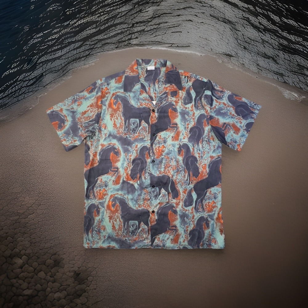 MAGCHIC  Horse "CAMO" Summer Shirts - Green Size‎ XXL 2XL Button Up Short Sleeve